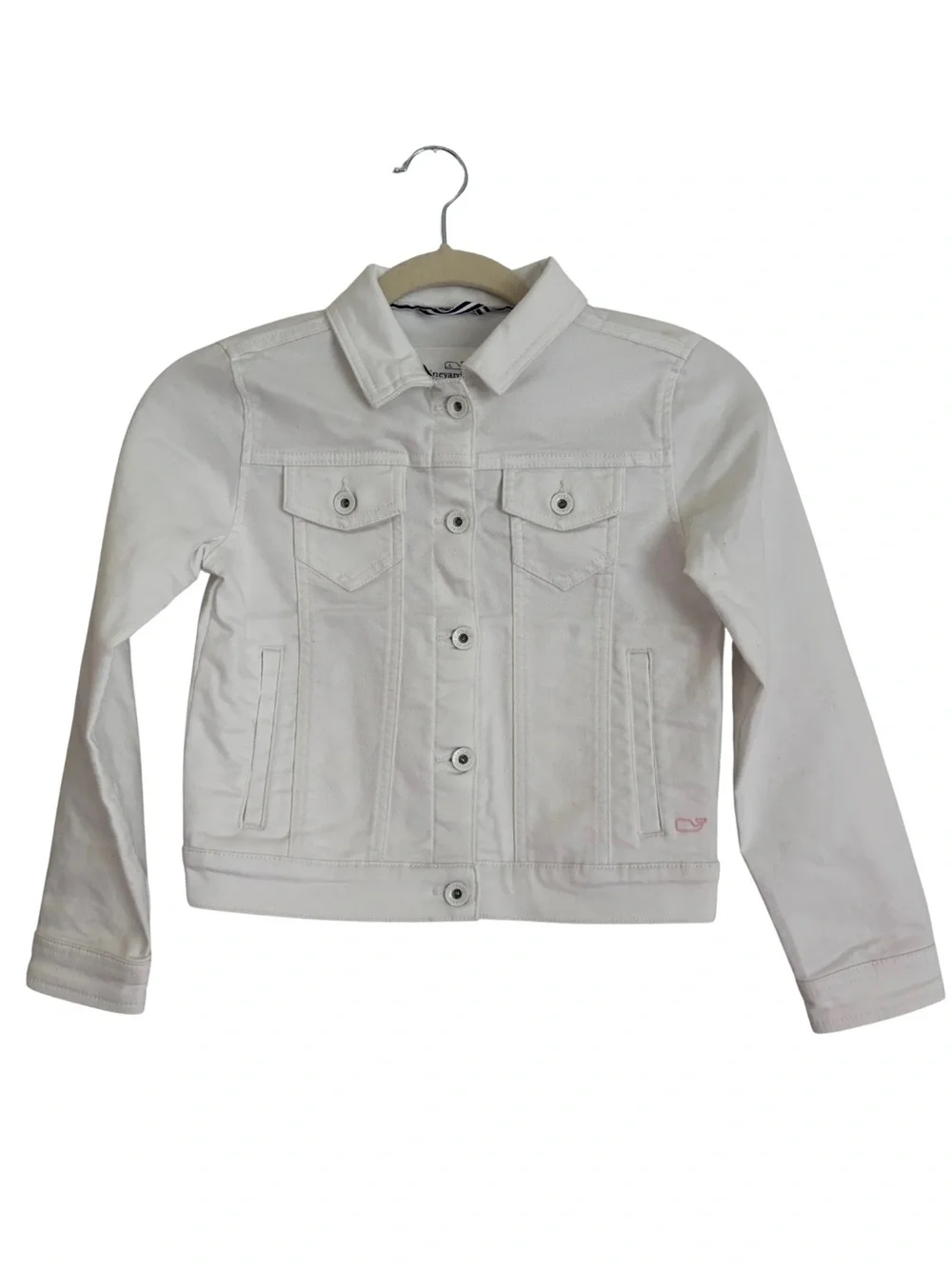 Vineyard Vines Girls' White Denim Jacket with Subtle Pink Logo